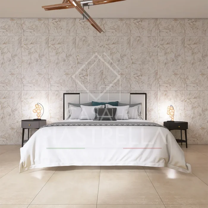 Decoro in gres porcellanato, fiori dorati su fondo bianco