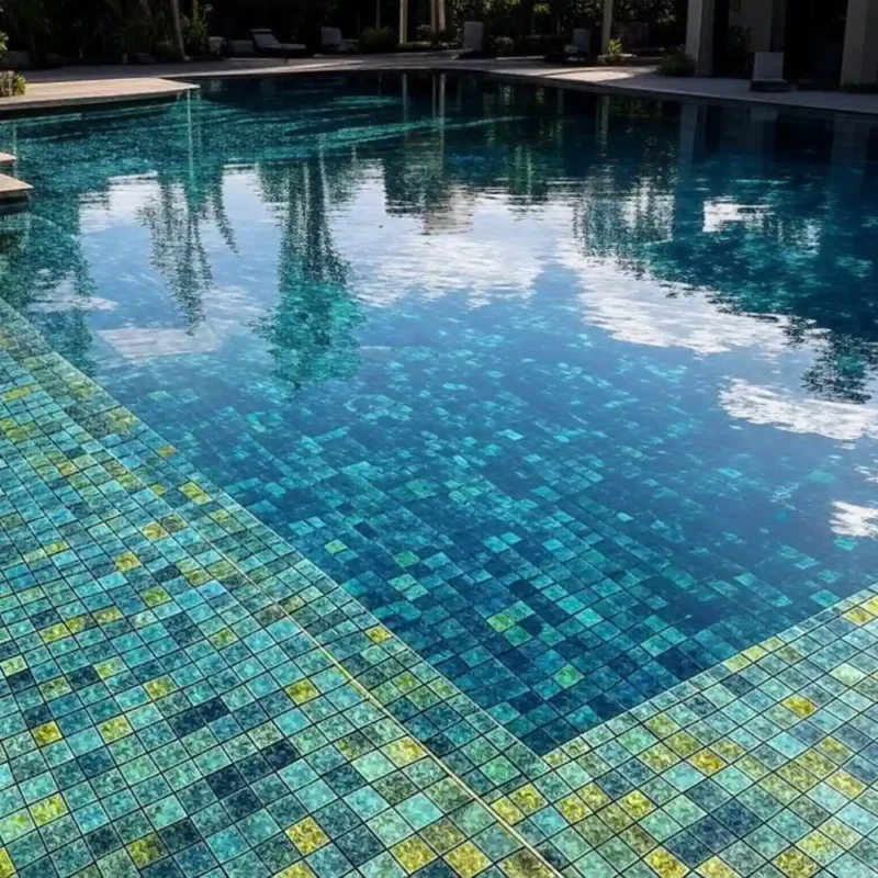 Piscina rivestita con gres porcellanato rettangolare tortora, con close-up su fughe con stucco cementizio e colla epossidica, in stile moderno