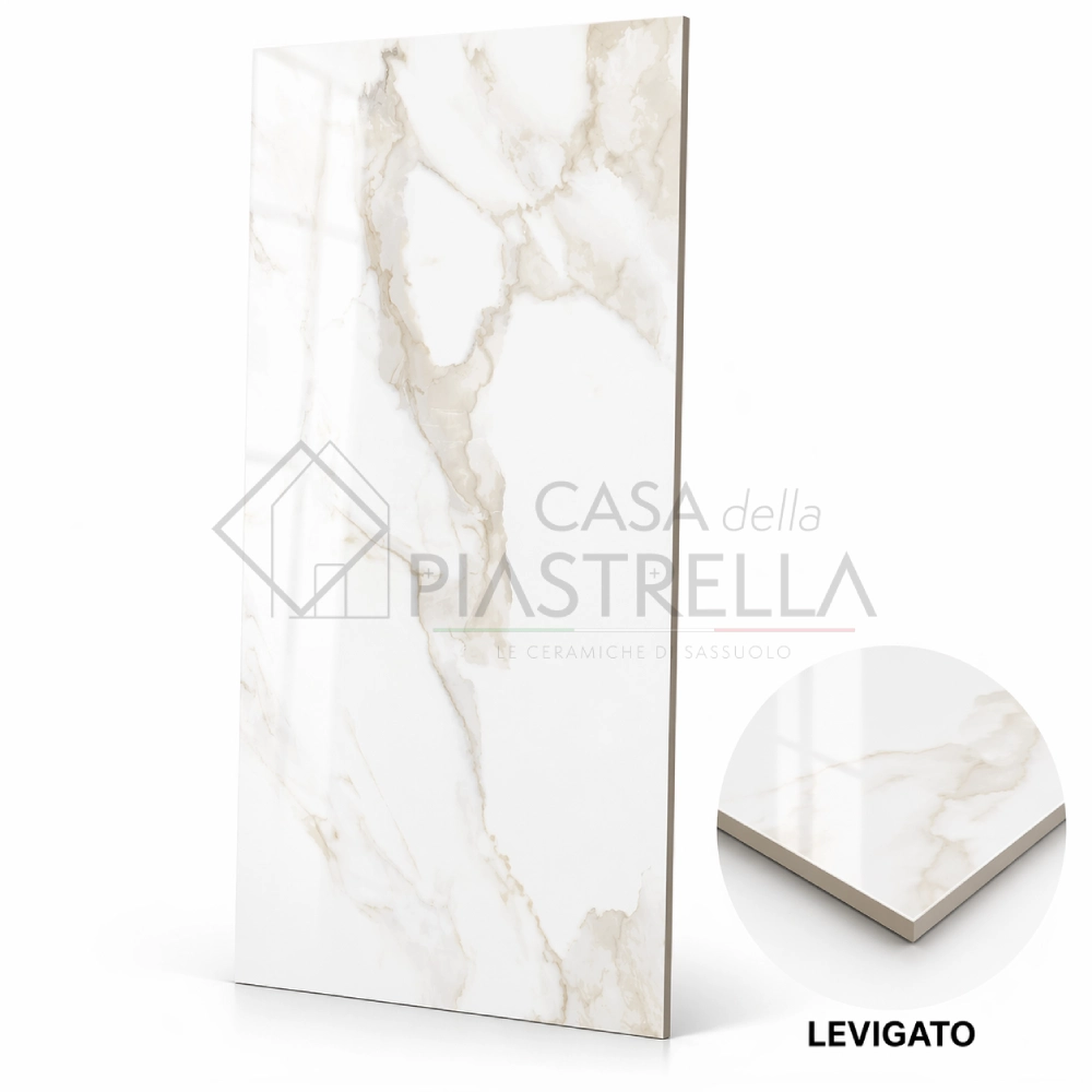 Piastrella gres porcellanato effetto marmo Calacatta 60x120 levigato bianco venato oro