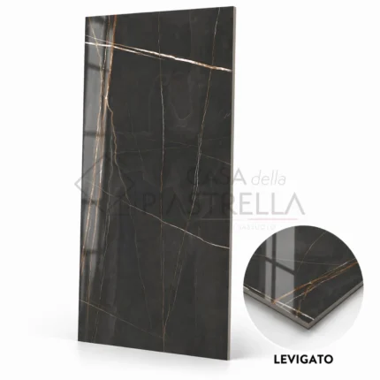 Piastrella gres porcellanato effetto marmo Sahara Noir 60x120 levigato nero con venature oro
