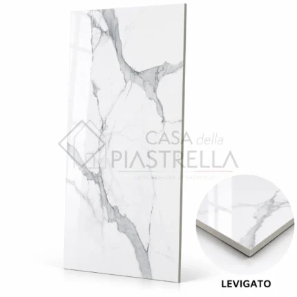 Piastrella gres porcellanato effetto marmo Statuario 60x120 levigato bianco con venature grigie