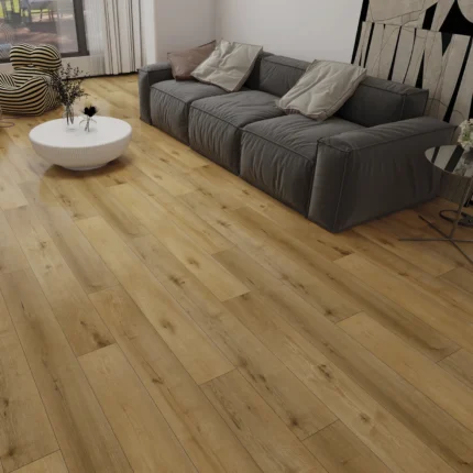 Pavimento SPC Honey effetto legno in soggiorno moderno luminoso