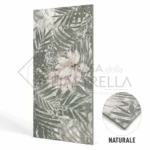 Piastrella decorata in gres porcellanato 60x120 con foglie tropicali verdi e fiori bianchi per bagno e pareti moderne