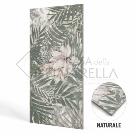 Piastrella decorata in gres porcellanato 60x120 con foglie tropicali verdi e fiori bianchi per bagno e pareti moderne