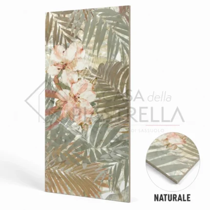 Piastrella decorata in gres porcellanato 60x120 con foglie tropicali beige e rosa cipria per bagno e cucina di design
