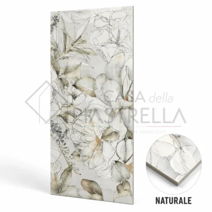 Piastrella decorata in gres porcellanato 60x120 con motivo floreale artistico beige e verde salvia per bagno e cucina