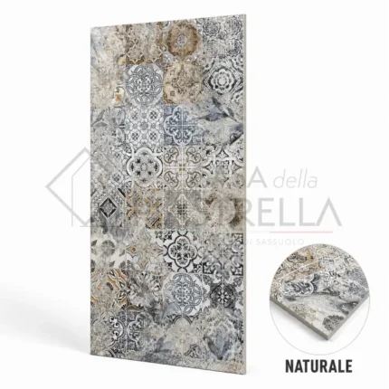 Piastrella decorata in gres porcellanato 60x120 stile patchwork provenzale per bagno e cucina nei toni grigio, beige e avorio