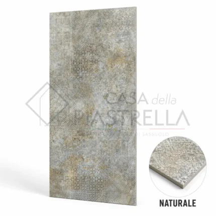 Piastrella decorata in gres porcellanato 60x120 con texture materica artistica nei toni grigio, beige e oro per bagno e cucina