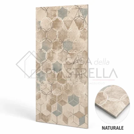 Piastrella in gres porcellanato decorata 60x120 con pattern geometrico esagonale beige, tortora e azzurro polvere