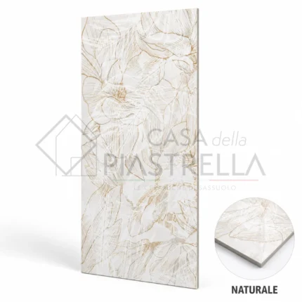 Piastrella in gres porcellanato decorata 60x120 con motivo floreale elegante nei toni beige, oro e avorio