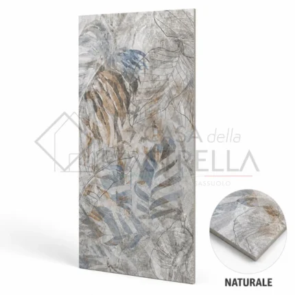 Piastrella in gres porcellanato decorata 60x120 con foglie tropicali artistiche nei toni grigio, blu e bronzo
